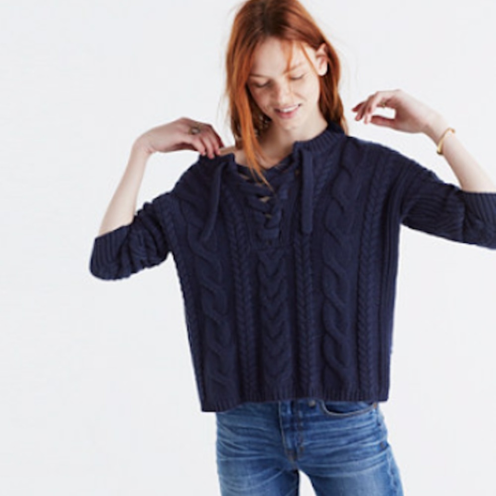 Madewell Lace-up Pullover Sweater in Cableknit